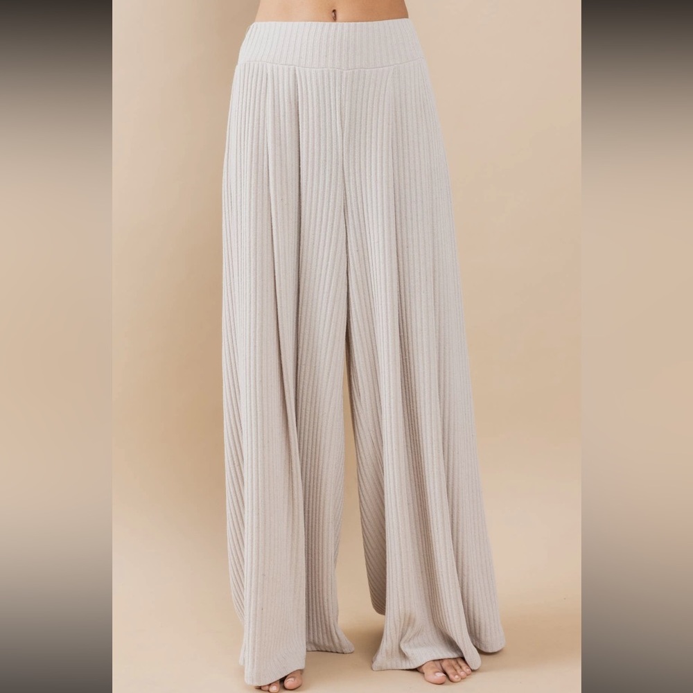 Wide leg rib knit stretchy lightweight sweater palazzo comfy pants